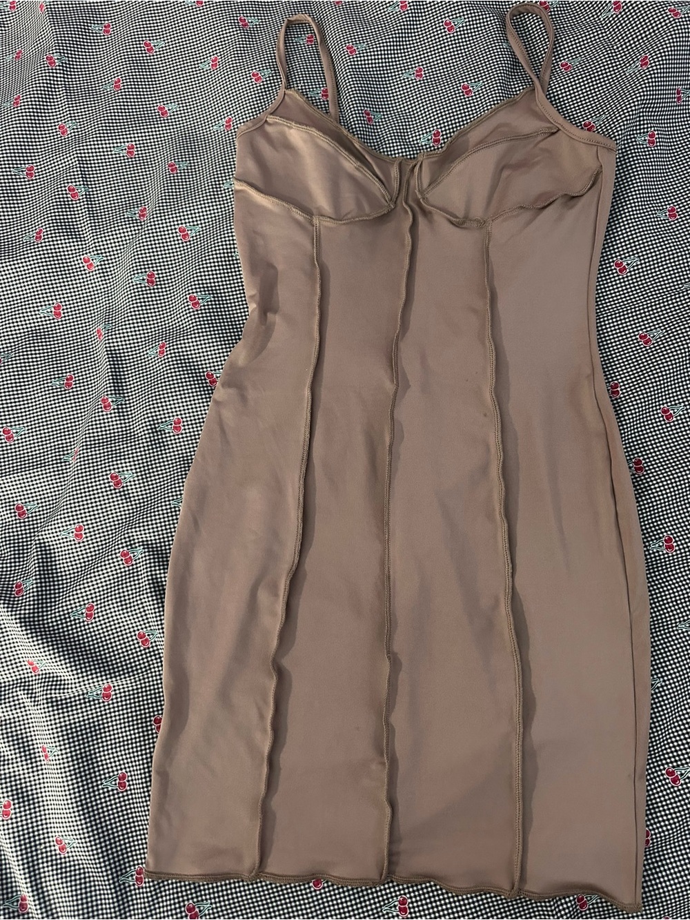 Taupe Mini Slip Dress with Sculpted Bust Seams